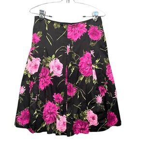 Talbots 4 Black Pink Floral A-Line Pleated Skirt Cotagecore Feminine Bold Office